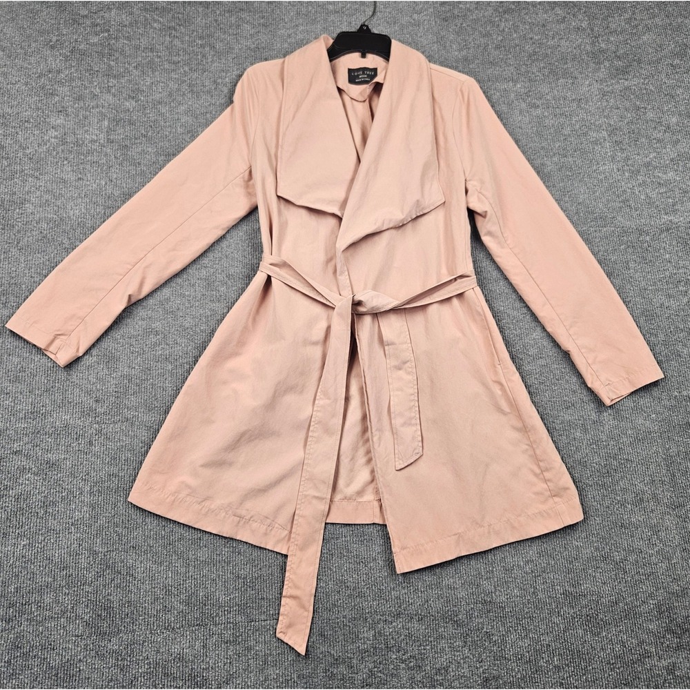 Love Tree Womens Blush Pink Draped Open Front Belted Trench Coat Jacket Medium